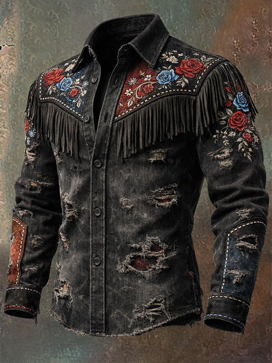 Men's Retro Western Style Print Vintage Tassel Casual Long Sleeve Shirt